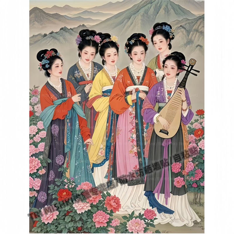 新款古风仕女图美好生活墙贴客厅卧室装饰贴纸书房过道防水自粘贴