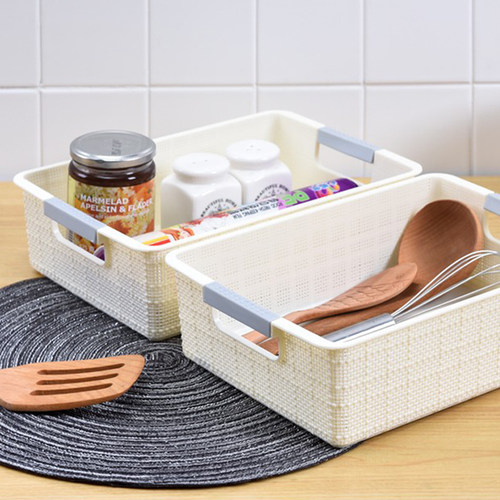 仿麻布纹塑料收纳筐长方形桌面收纳篮子厨房浴室杂物收纳框置物篮
