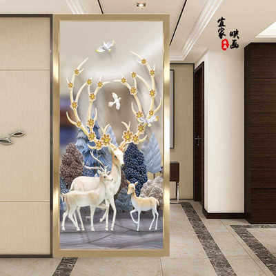 新中式彩绘艺术玻璃屏风隔断背景墙酒柜磨砂透光双面入户玄关钢化