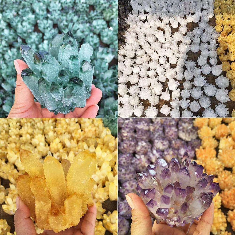 天然绿白黄紫水晶簇原石晶花能量石消磁净化桌面办公风水摆件