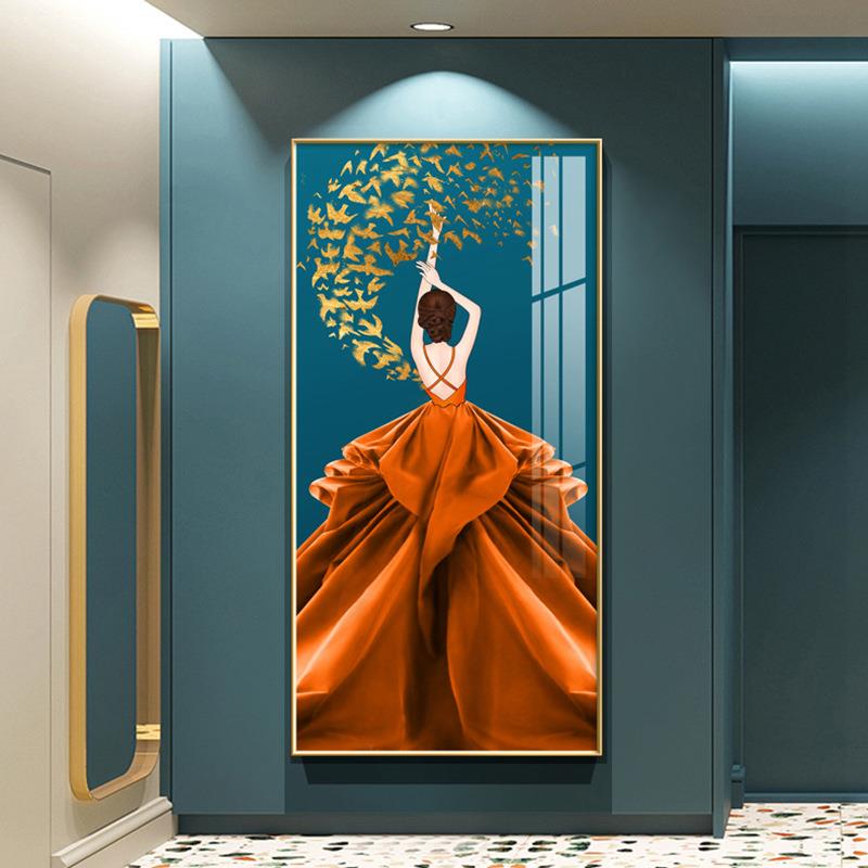 玄关装饰画现代简约入户画轻奢美女人物挂画北欧走廊过道竖版壁画