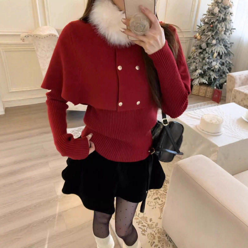 KANING新年红色毛衣毛毛领女冬季斗篷披肩长袖打底针织衫两件套女