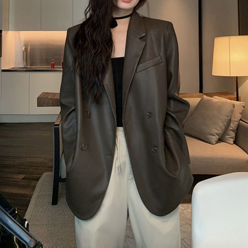 西装皮衣外套女设计感小众PU皮高级感炸街宽松休闲黑色气质西服潮