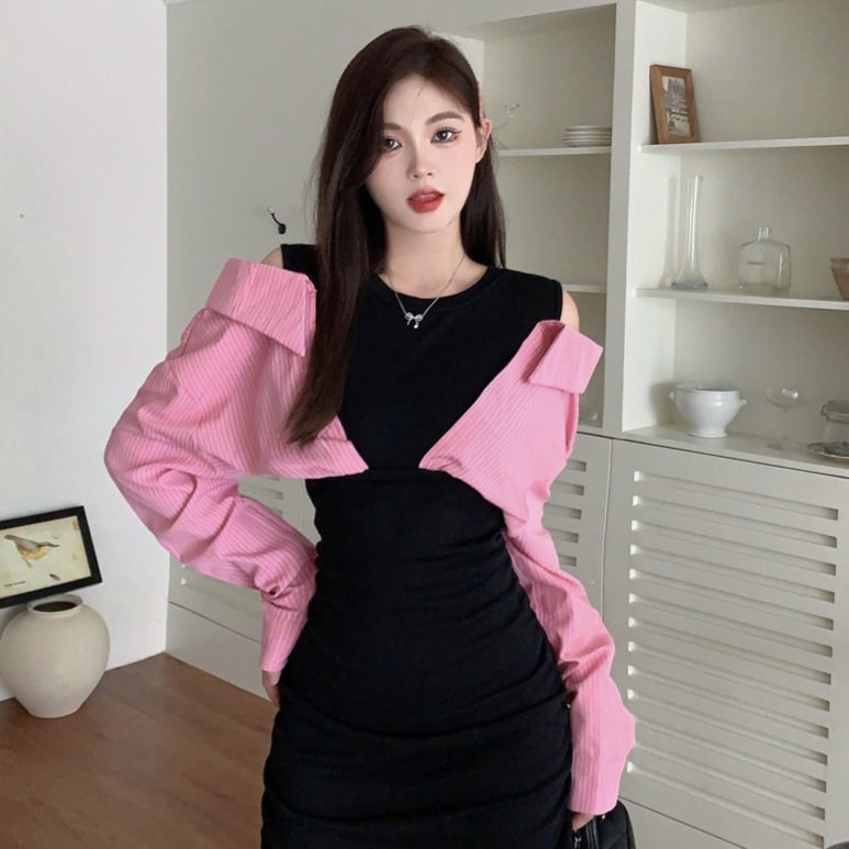 秋装设计感辣妹气质洋气连衣裙女大码显瘦时尚假两件衬衫露肩裙子