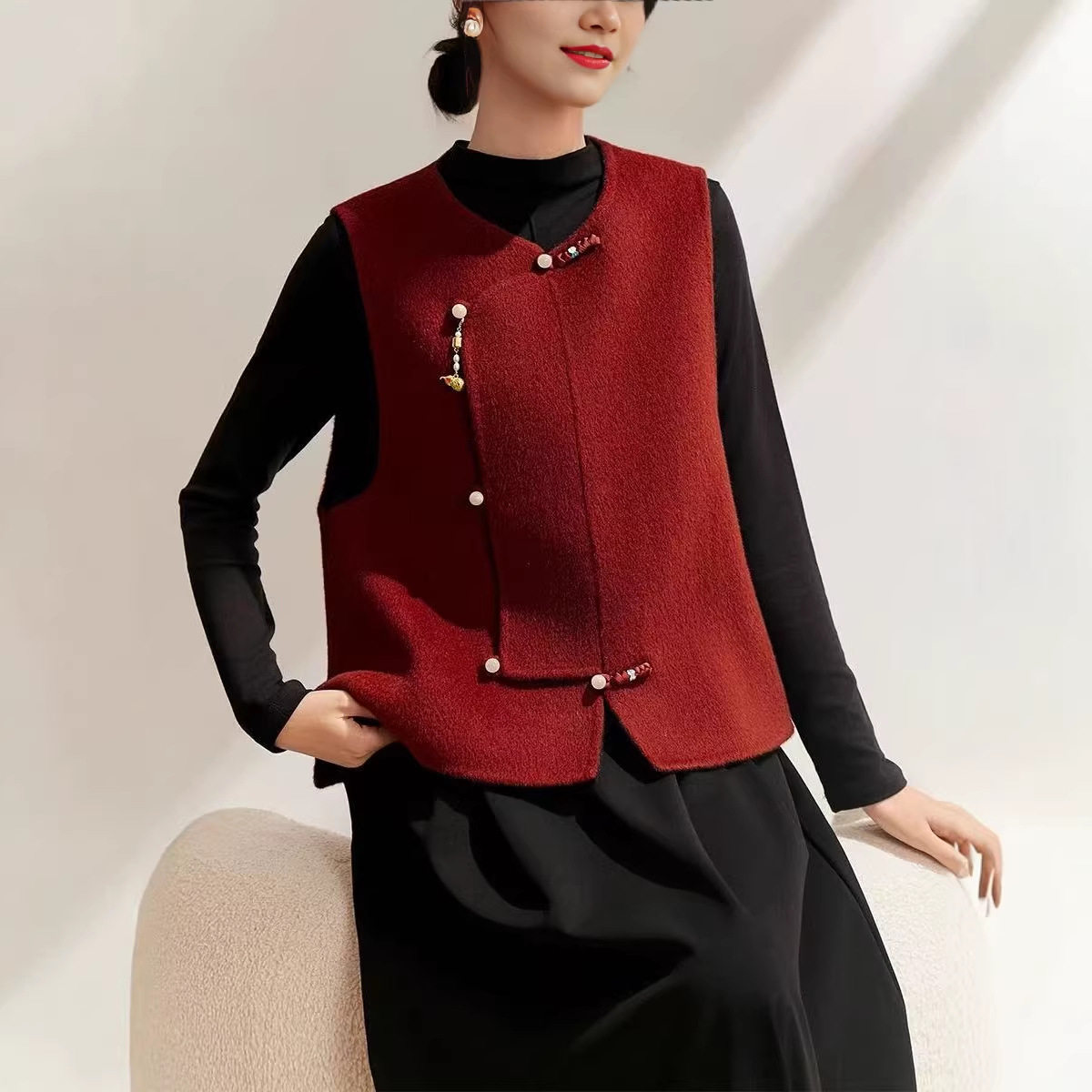 2026新款新年战袍新中式国风女装色双面羊绒坎肩马甲轻奢上衣