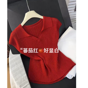 原物推荐！好显白~韩系复古番茄红色翻领显瘦飞飞袖针织短袖上衣