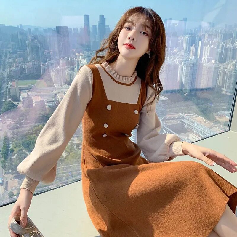 假两件针织连衣裙女秋冬小个子甜美减龄收腰显瘦中长款内搭毛衣裙