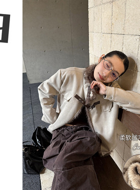 [9hour]美式机车风麂皮绒夹克女 2025冬季加绒植毛立领外套m3828