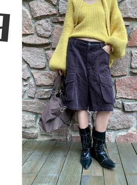 [9hour]美式工装灯芯绒休闲裤女 2025秋冬宽松阔腿五分裤女cx9773