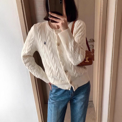 高品质RL拉夫毛衣开衫软糯舒适小马刺绣粗麻花长袖上衣秋冬经典