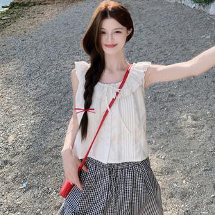 蕾丝花边小飞袖 无袖 衬衫 宽松短袖 衬衣背心上衣显瘦 女2025夏季 法式