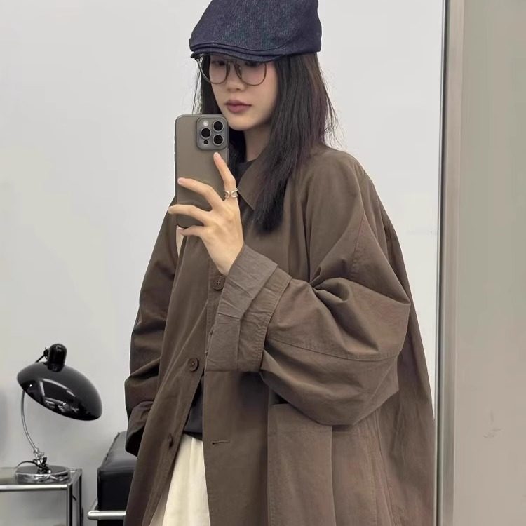 英伦风翻领咖色中长款风衣外套女2025春秋新款高级感休闲百搭大衣