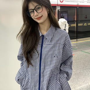 蓝色格子衬衫薄外套女款春季新款休闲高级感小众潮牌情侣翻领夹克