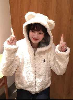 2025早春新款白色羊羔毛外套女连帽熊耳朵宽松休闲保暖宽松女上衣