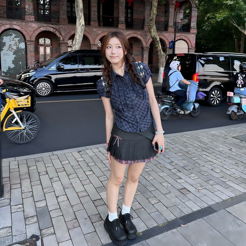 复古蓝色格子衬衫短袖女木耳花边