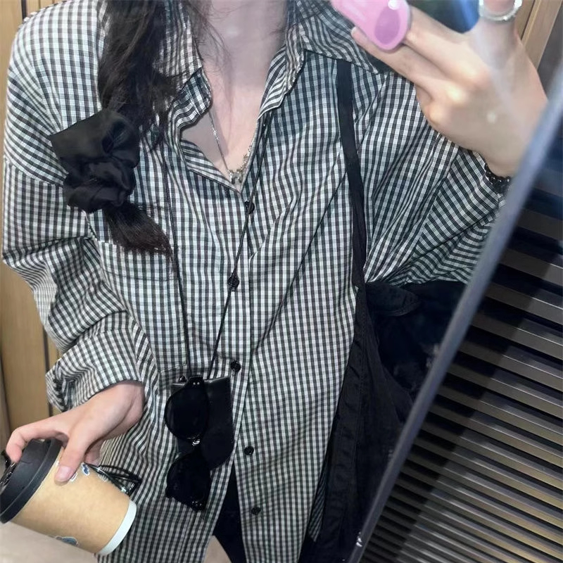 美式格子长袖衬衫女春季新款潮流百搭高级感气质oversize长袖衬衣