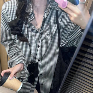 格子长袖 潮流百搭高级感气质oversize长袖 衬衫 新款 衬衣 女春季 美式
