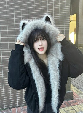 2025新黑色猫耳朵毛领连帽棉服女冬季加厚保暖美式长袖女连帽外套