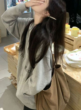 2025韩系满印字母印花宽松拉链卫衣开衫女秋冬季加绒连帽灰色外套