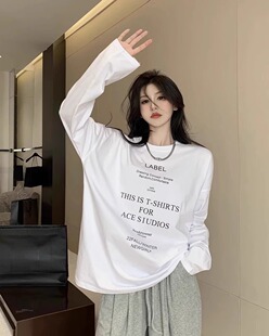 ins美式 新款 复古小众设计感字母印花宽松百搭上衣 T恤秋季 纯棉长袖