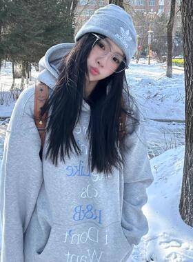 2025春季新款美式街头风字母印花连帽卫衣女加绒灰色帽衫外套衬衫