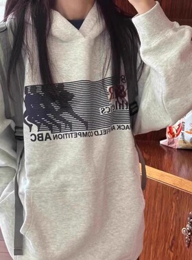 美式复古灰色连帽卫衣女秋冬潮牌宽松oversize加绒百搭情侣衫ins