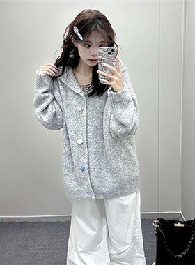 2025新灰色连帽针织开衫女春秋宽松慵懒风毛衣外套设计感百搭上衣