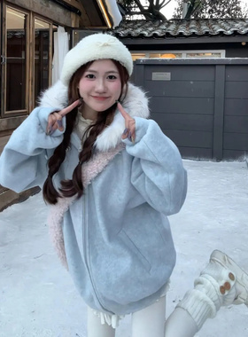 2025年设计感百搭慵懒风毛领连帽卫衣女秋冬蓝色拉链长袖开衫外套