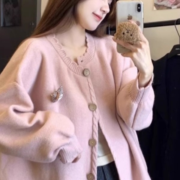 秋冬新款女简约大版毛衣日系可爱花边百搭好穿外套甜美针织开衫女