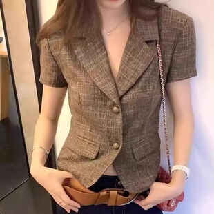 女2025小个子正肩时尚 衬衫 气质复古上衣潮 西装 古着老钱风翻领短袖