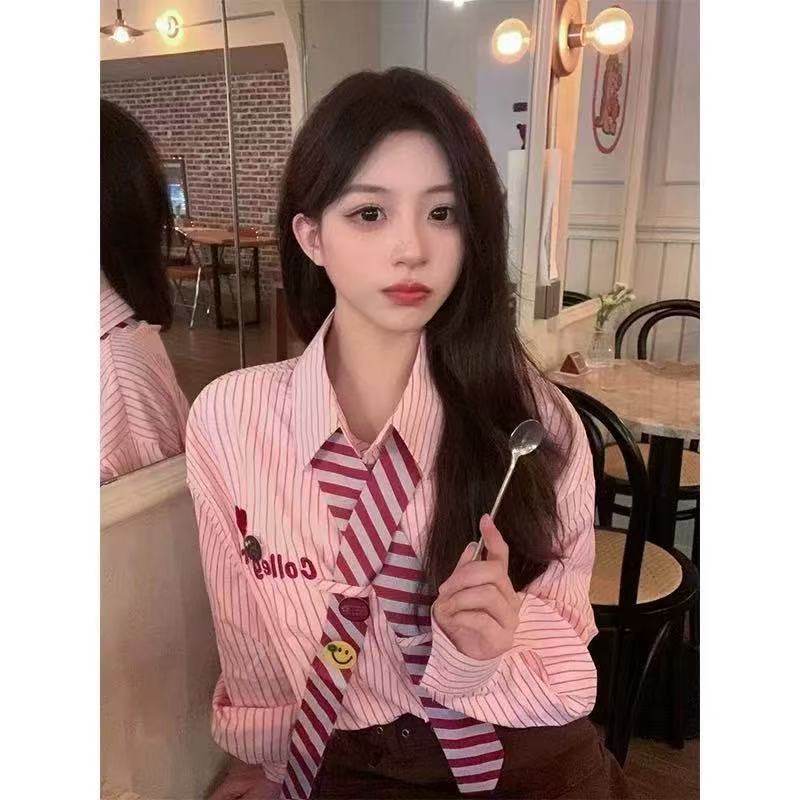 韩系甜美学院风条纹衬衫女2026春秋季宽松显瘦休闲百搭上衣外套潮,女装/女士精品,衬衫,淘宝优惠券,粉丝福利购,淘宝优惠卷
