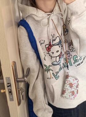 趣味卡通印花情侣帽衫2024秋冬新款重磅百搭灰色国潮牌连帽卫衣女