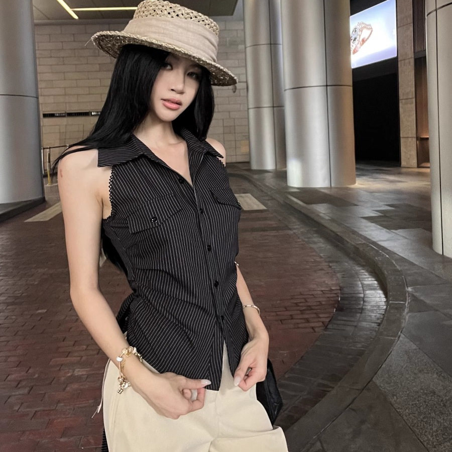 法式polo领温柔条纹衬衫女2025年夏季新款露背收腰设计感无袖衬衣