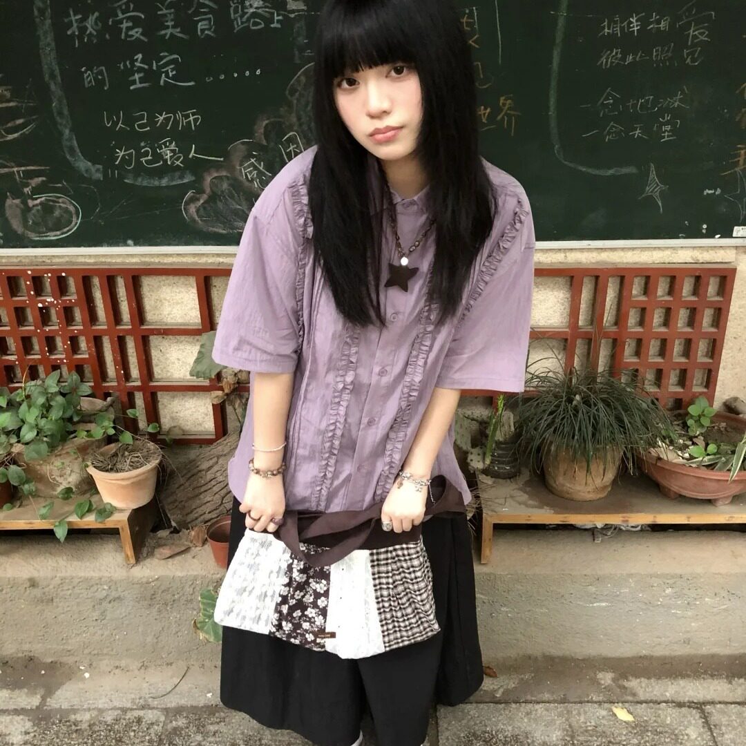 日系复古紫色褶皱花边短袖衬衫女