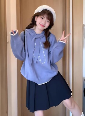 韩系连帽飞鸟绣花毛衣女宽松显瘦系带针织设计感卫衣小众蓝色上衣