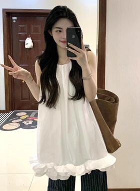 白色简约设计感压褶花边背心吊带女2025初夏小个子甜美短款连衣裙