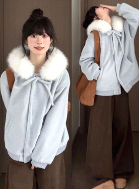 学院风蓝色蝴蝶结连帽毛领卫衣女2025新款秋冬宽松加厚小个子上衣