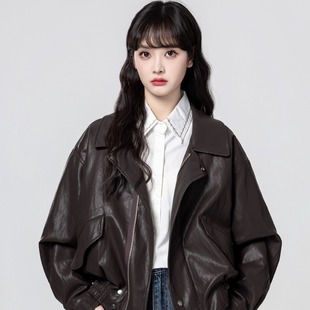 美式棕色高级感皮衣外套女2025春秋新款设计感短款机车夹克