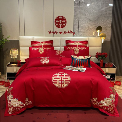 新中大式红色婚庆四件套240S长绒棉被套床单结婚喜被床上用品