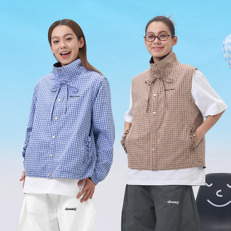 iSaluteU 复古格纹立领夹克外套春季潮流休闲美式百搭情侣款上衣