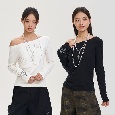 iSaluteU 小皇冠美式斜肩套头针织修身长袖T恤亲肤透气低领上衣