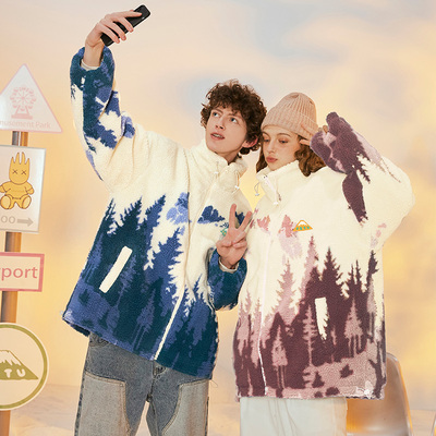 iSaluteU立领抽绳森林雪山仿羊羔毛棉服外套保暖情侣款潮流宽松