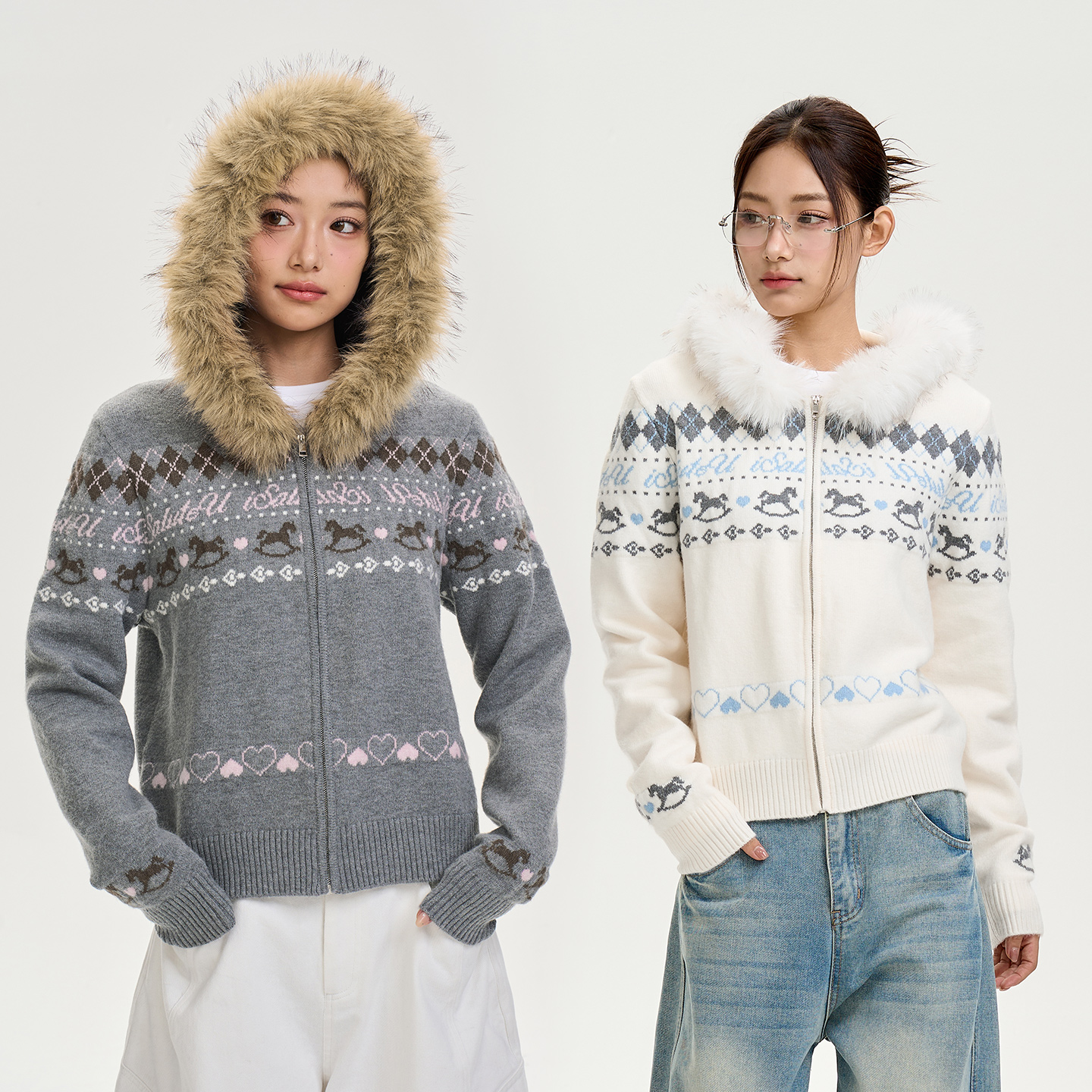 iSaluteU 美式复古费尔岛毛衣外套潮牌秋冬情侣大毛领撞色针织衫