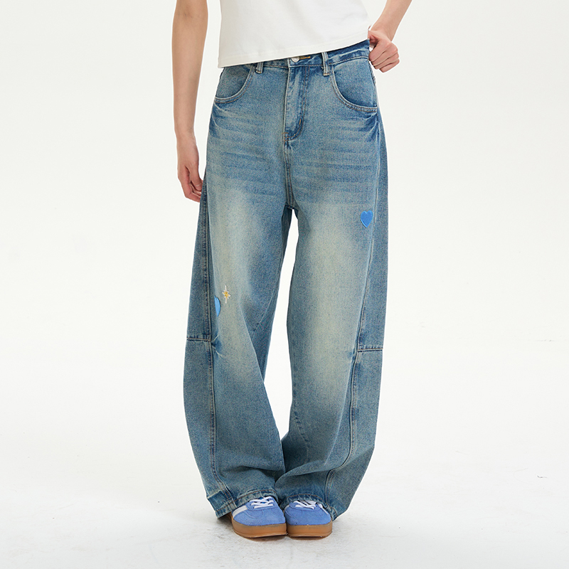 【黄誉博同款】iSaluteU美式复古牛仔裤爱心刺绣长裤百搭弯刀裤