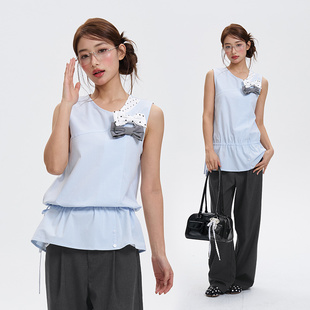 iSaluteU条纹波点蝴蝶结无袖 宽松百搭清凉上衣 背心吊带女潮流夏季