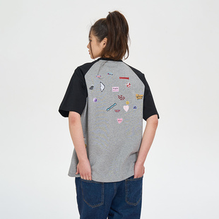 潮牌拼接撞色宽松圆领T恤 前后烫画印花情侣短袖 iSaluteU 插肩袖