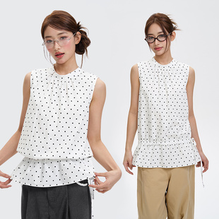 型宽松显瘦无袖 A字版 上衣女 波点圆领小花边天丝背心夏季 iSaluteU