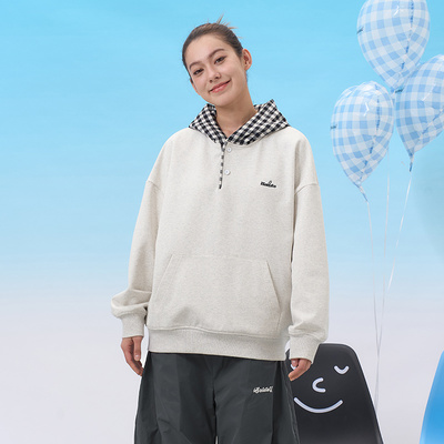 iSaluteU 美式复古格纹拼接连帽卫衣春季新品潮流宽松休闲帽衫