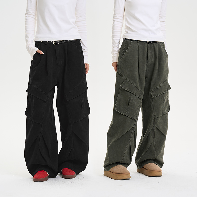 iSaluteU 美式复古解构设计感工装裤大口袋褶皱百搭休闲阔腿裤子