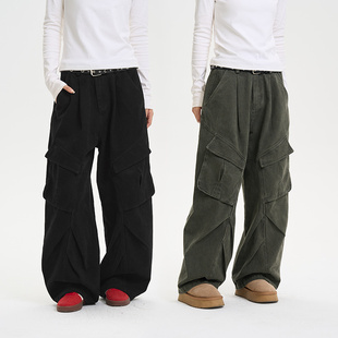 大口袋褶皱百搭休闲阔腿裤 iSaluteU 裤 复古解构设计感工装 子 美式